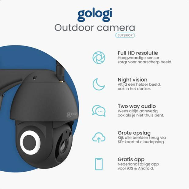 Gologi Superior Outdoorcamera - Nachtzicht - Beveiligingscamera - 3MP - Met wifi en app - Met 32GB SD-kaart - Zwart