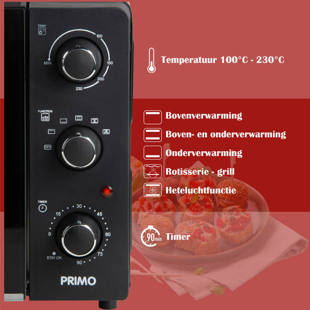 PRIMO PR255OV Vrijstaande Oven - Heteluchtoven met Grillfunctie - 45L - 2000W - Zwart