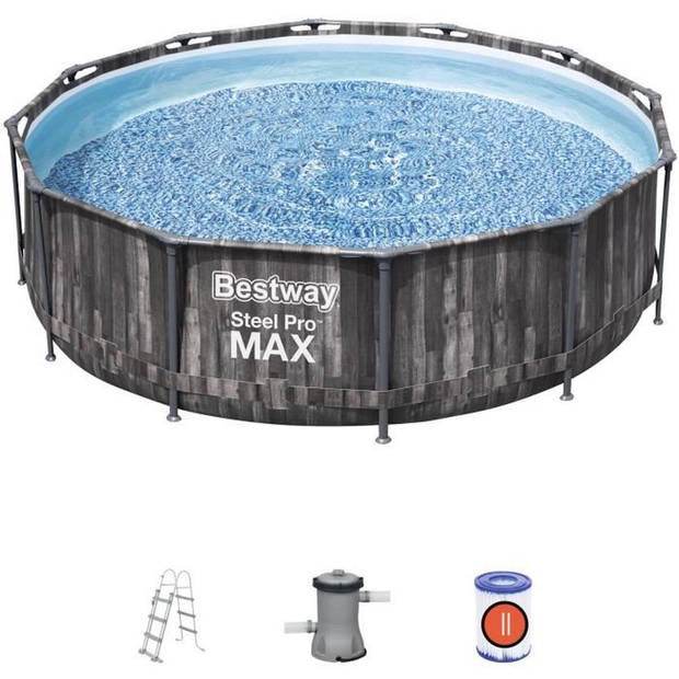 BESTWAY SteelPro Max rond bovengronds zwembad Houtdecor - 366 x 100 cm - Patroonfilter - Ladder - Chemconnect-diffusor