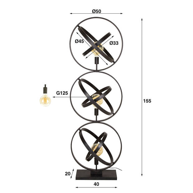 Giga Meubel - Vloerlamp Zwart Metaal - 3-Lichts - 50x45x155cm