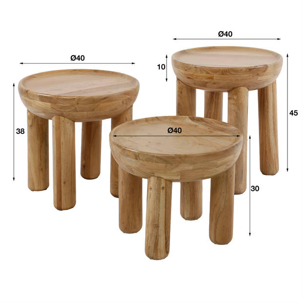 Lillie salontafel set van 3 rond - massief acacia naturel