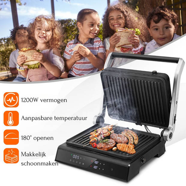 Costway XL Contactgrill Sandwichmaker - Elektrische Tafelgrill met Led-Display 230 °C - Zwart