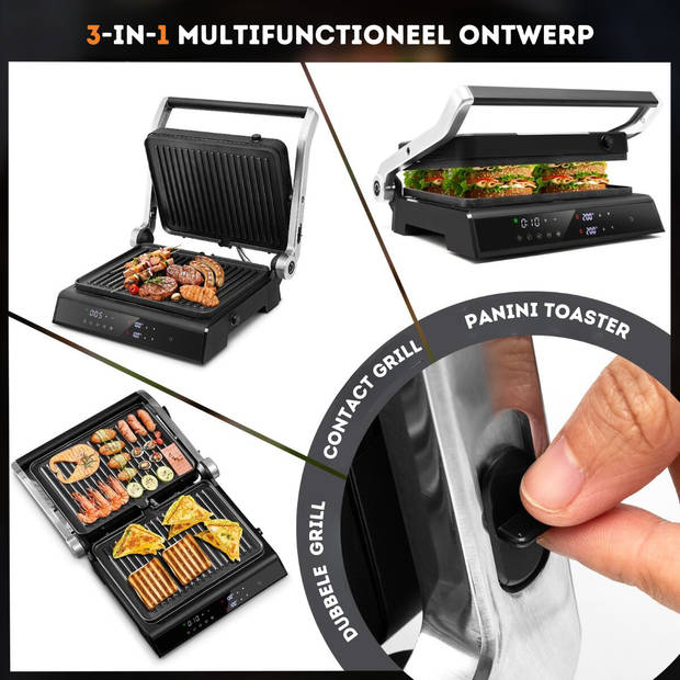 Costway XL Contactgrill Sandwichmaker - Elektrische Tafelgrill met Led-Display 230 °C - Zwart