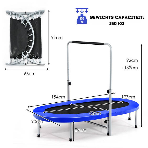 Costway XL Dubbele Fitness Trampoline voor 2 personen - 150 kg belasting - 154 x 89 x 92-132 cm - Blauw