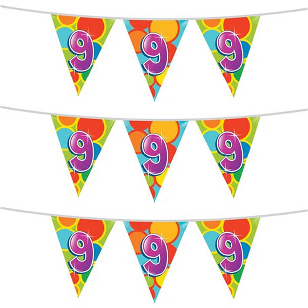 3x stuks leeftijd verjaardag thema vlaggetjes 9 jaar plastic 10 meter - Vlaggenlijnen