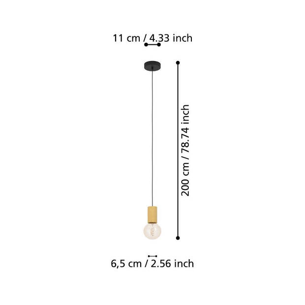 EGLO Pozueta 1 Hanglamp - E27 - Staal;Hout - Zwart;Bruin