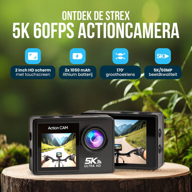 Strex Action Camera 5K 50MP - 60FPS / 30M Waterdicht / WiFi - Touchscreen - Externe Microfoon - Inclusief Accessoires -