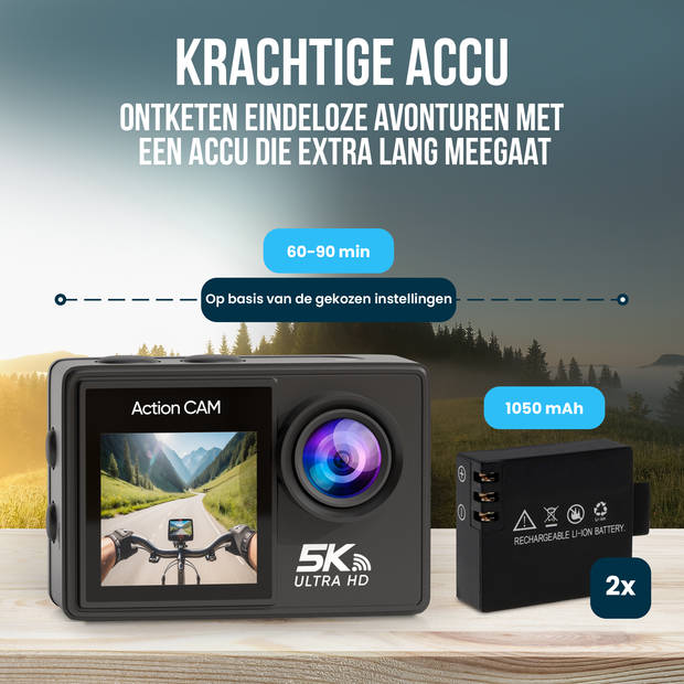 Strex Action Camera 5K 50MP - 60FPS / 30M Waterdicht / WiFi - Touchscreen - Externe Microfoon - Inclusief Accessoires -