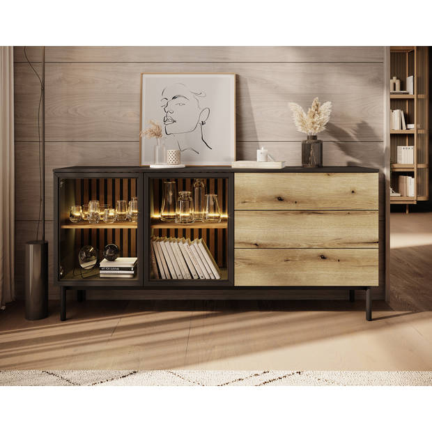 Meubella Dressoir Ludwig - Zwart - Eiken - 180 cm