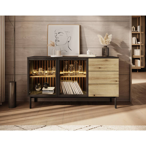 Meubella Dressoir Ludwig - Zwart - Eiken - 150 cm