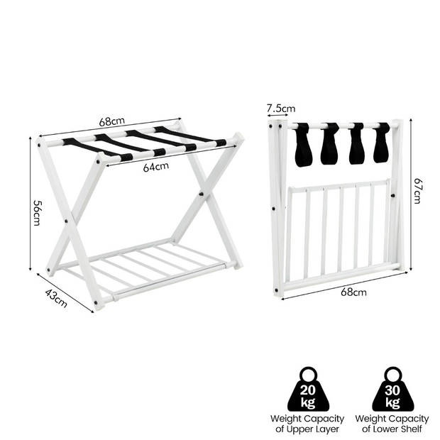 Costway Opvouwbaar Bagagerek Kofferstandaard - Bagagerek met Schoenenplank - Metaal Wit 68 x 44 x 57 cm