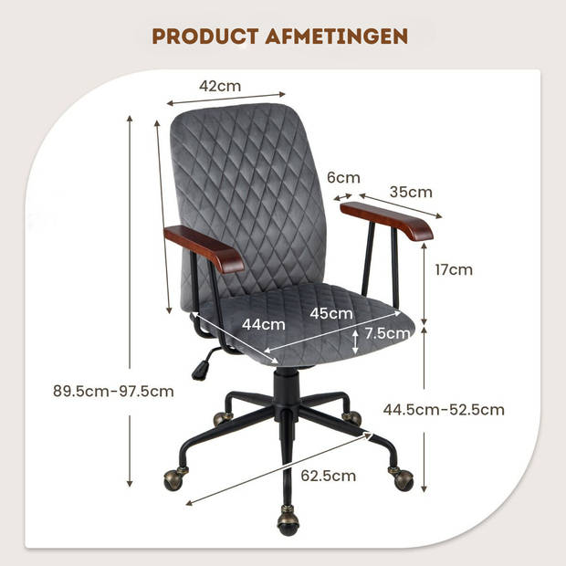 Costway Fluwelen Vintage Bureaustoel Met Kantelbare Rugleuning - 150 kg Draagvermogen - Grijs