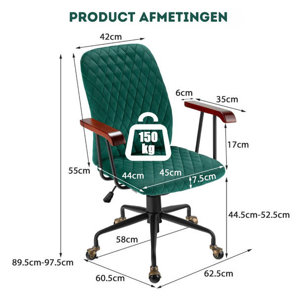 Costway Fluwelen Vintage Bureaustoel Met Kantelbare Rugleuning - 150 kg Draagvermogen - Groen