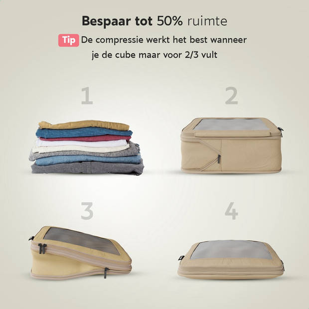 ONYX® compressie packing cubes - 5 stuks - Bagage organizers met compressie rits - Voor koffers en tassen - Beige