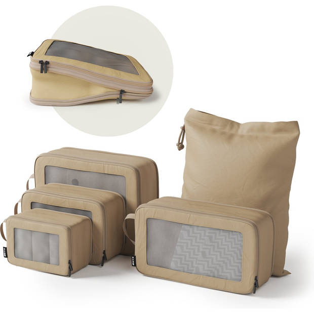 ONYX® compressie packing cubes - 5 stuks - Bagage organizers met compressie rits - Voor koffers en tassen - Beige