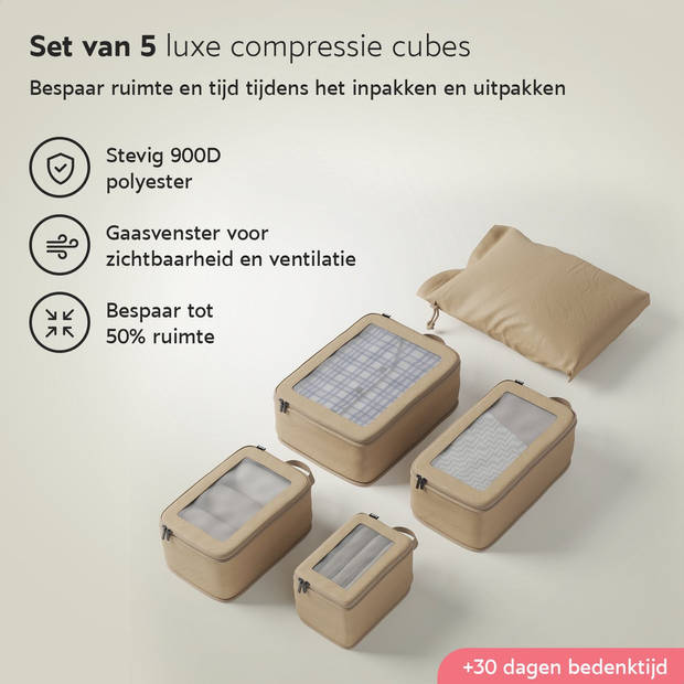 ONYX® compressie packing cubes - 5 stuks - Bagage organizers met compressie rits - Voor koffers en tassen - Beige