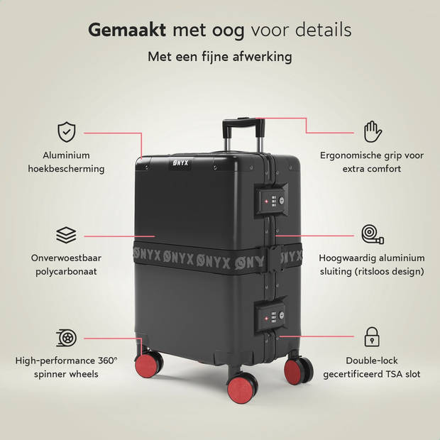 ONYX Handbagage koffer 33L - TSA slot - Spinner wielen - Lichtgewicht Trolley - Aluminium sluiting - Zwart