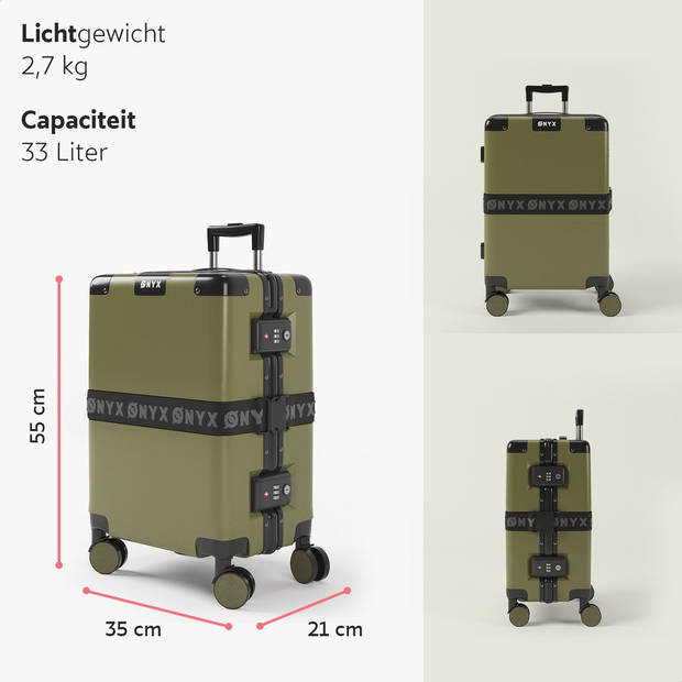 ONYX Handbagage koffer 33L - TSA slot - Spinner wielen - Lichtgewicht Trolley - Aluminium sluiting - Olive groen