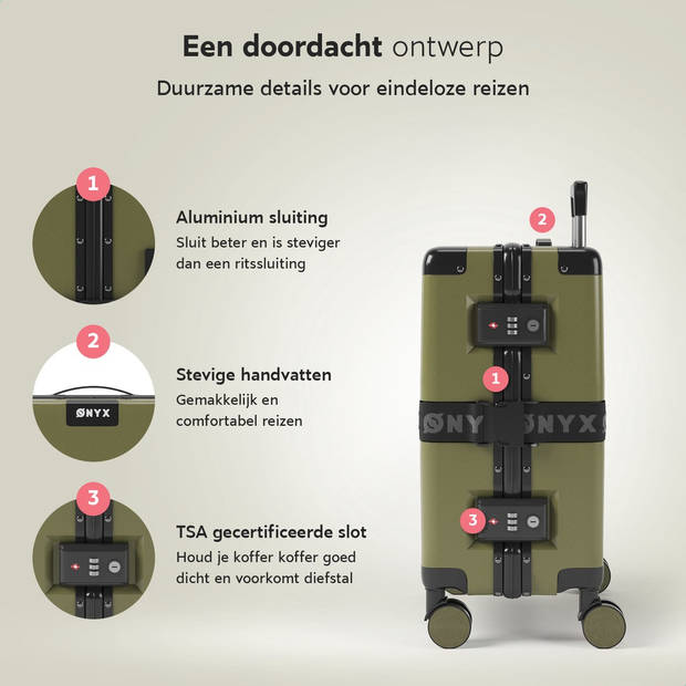 ONYX Handbagage koffer 33L - TSA slot - Spinner wielen - Lichtgewicht Trolley - Aluminium sluiting - Olive groen