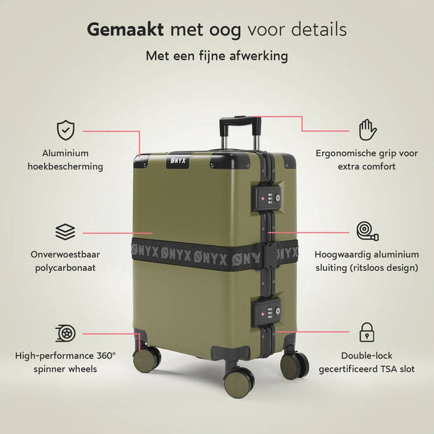 ONYX Handbagage koffer 33L - TSA slot - Spinner wielen - Lichtgewicht Trolley - Aluminium sluiting - Olive groen