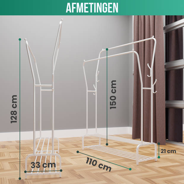 Avalo Industrieel Kledingrek Dubbele Stang - Metaal - 110x33x150 CM - Wit - Opbergruimte Voor Schoenen - Garderoberek