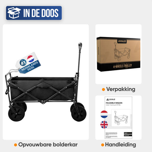 Avalo Bolderkar XL - Opvouwbaar - Tot 110KG - 91x51x59 CM - 120L - 360º Wielen - Zwart