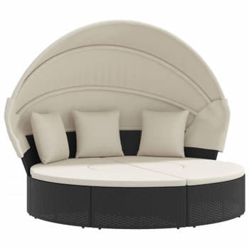 vidaXL Loungebed met luifel en kussens poly rattan zwart