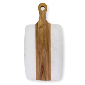 Intirilife snijplank hout & marmer wit 35 x 18 x 1.5 cm - keukenplank, serveerplank met handvat voor brood kaas