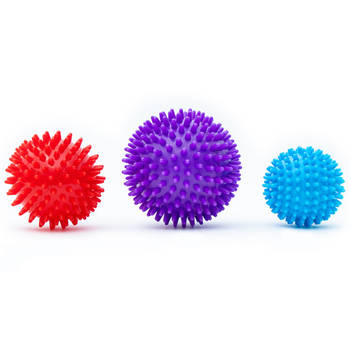 Intirilife massagebal set van 3 fascieballen in paars - rood - blauw puistbal - 9 / 7,5 / 6 cm