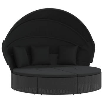 vidaXL Loungebed met luifel en kussens poly rattan zwart