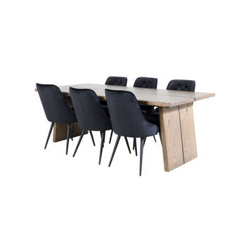 Logger eethoek eetkamertafel uitschuifbare tafel lengte cm 210 / 310 rokerig eik en 6 Velvet Deluxe eetkamerstal velours