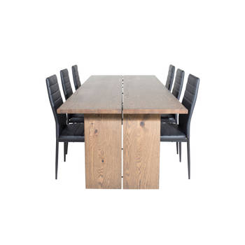 Logger eethoek eetkamertafel uitschuifbare tafel lengte cm 210 / 310 rokerig eik en 6 Slim High Back eetkamerstal PU