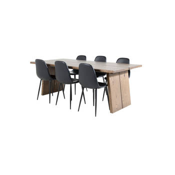 Logger eethoek eetkamertafel uitschuifbare tafel lengte cm 210 / 310 rokerig eik en 6 Polar eetkamerstal PU kunstleer