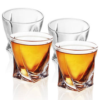 Intirilife 4x whiskyglas in crystal clear 'twisted' - ouderwets whisky kristallen glas loodvrij sculpturaal design