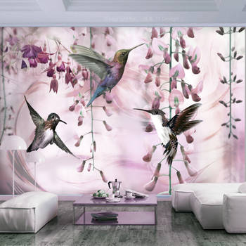 Fotobehang - Flying Hummingbirds Pink - Vliesbehang