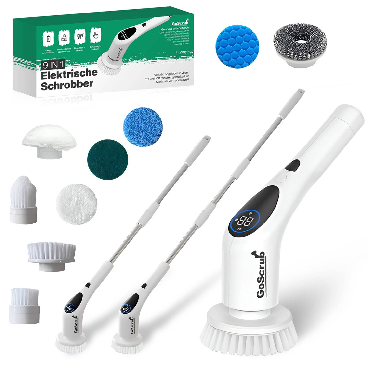 GoScrub® Cleaning King V2 - Elektrische Schoonmaakborstel – Elektrische Schrobber - Schrobborstel – voor badkamer of keuken – Schrobber Met Steel - 9 opzetstukken