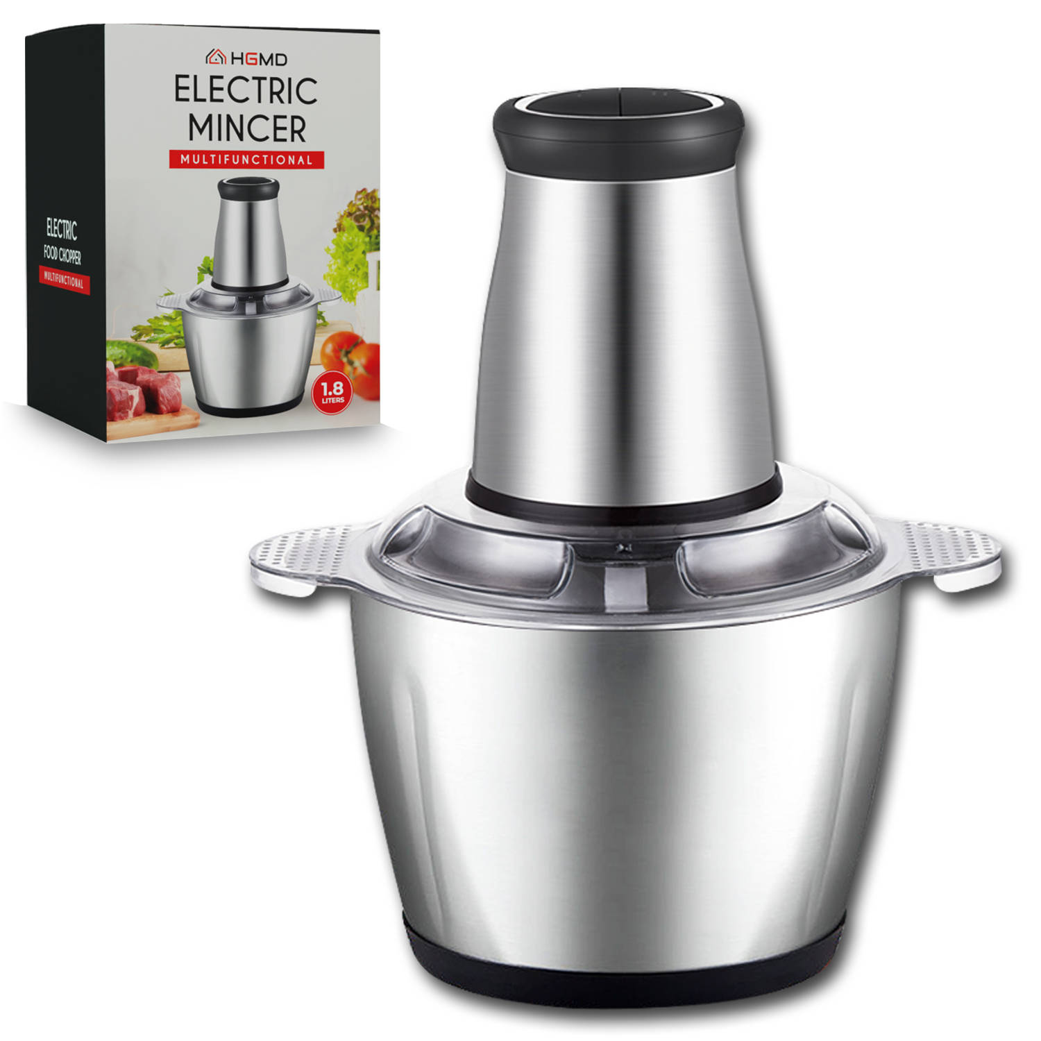 HGMD Elektrische Hakmolen - 2 Liter - Food Chopper - 2 Snelheden - 300W - RVS Kom