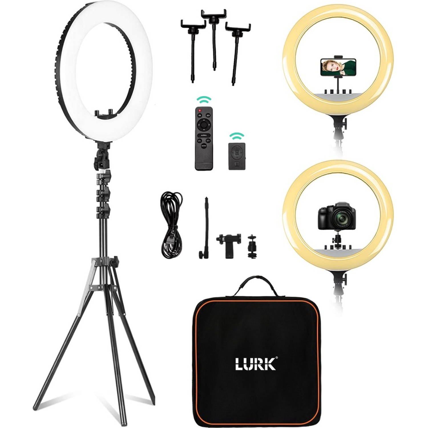 LURK® Ringlamp set PRO 18 inch - Verstelbaar statief & afstandsbieding – LED - Geschikt voor smartphone en (actie)camera
