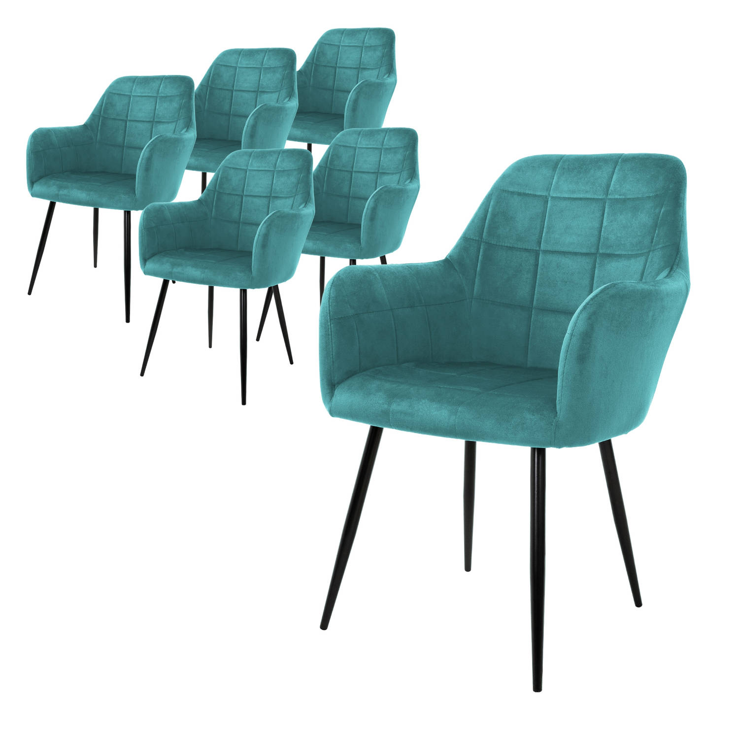 ECD Germany Set van 6 Eetkamerstoelen met Rugleuningen en Armleuningen, Turquoise, Keukenstoelen met Fluwelen Bekleding, Gestoffeerde Stoelen met Metalen Poten, Ergonomische Stoele