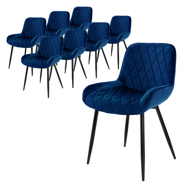 ML-Design Set van 8 Eetkamerstoelen Eetkamerstoel met Rugleuning en Armleuningen, Donkerblauw, Fluwelen Zitting, Metalen