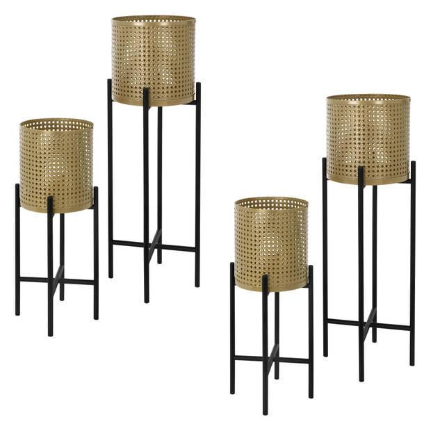 ML-Design bloemstandaard set van 4 zwart-goud 17x17x55/19x19x75,5 cm, gemaakt van staal, bloempotstandaard met