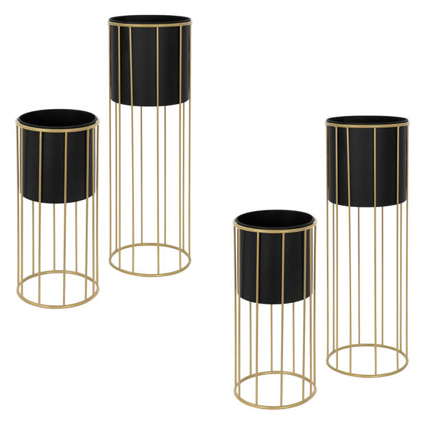 ML-Design bloemenstandaard set van 4, zwart-goud, 21x46,7/24x70,5 cm, rond, staal, bloempotstandaard met plantenbak,