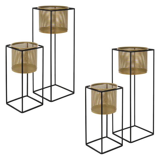 ML-Design bloemenstandaard set van 4, zwart-goud, 21x21x47/25x25x71 cm, gemaakt van staal, bloempotstandaard met