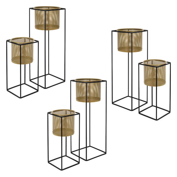 ML-Design bloemenstandaard set van 6, zwart-goud, 21x21x47/25x25x71 cm, gemaakt van staal, bloempotstandaard met