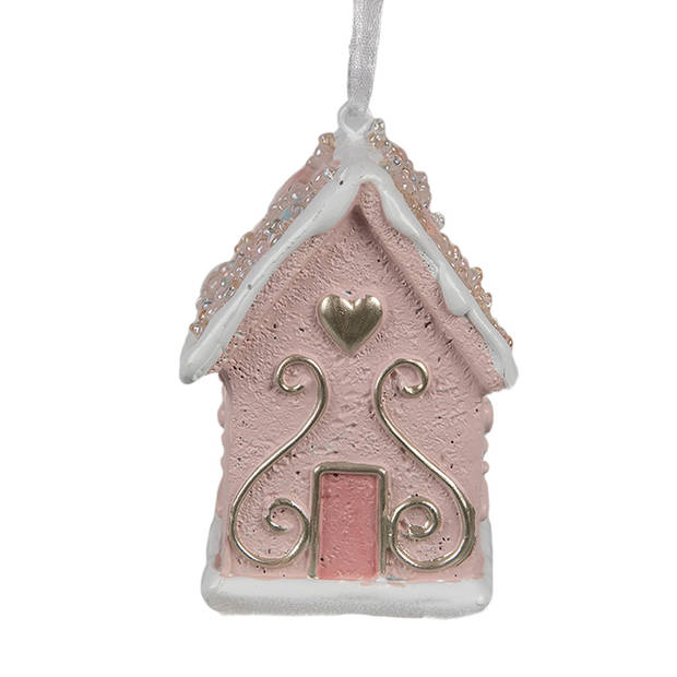 Clayre & Eef Kersthanger Gingerbread house 4x4x6 cm Roze Kunststof Kerstboomversiering Roze Kerstboomversiering