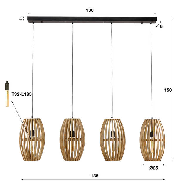 Giga Meubel - Hanglamp Naturel Mangohout - 4-Lichts - 135x25x150cm