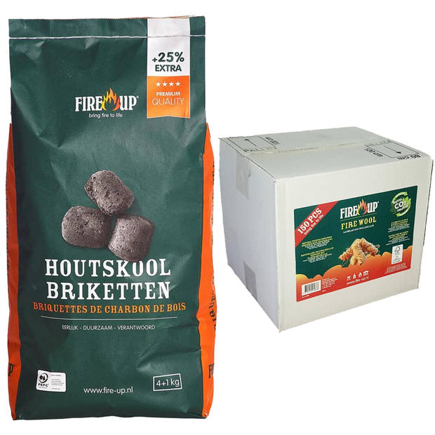 BBQ starterspakket - houtskool briketten 10 kilo - barbecue aanmaak houtwolkrullen 150x - Briketten