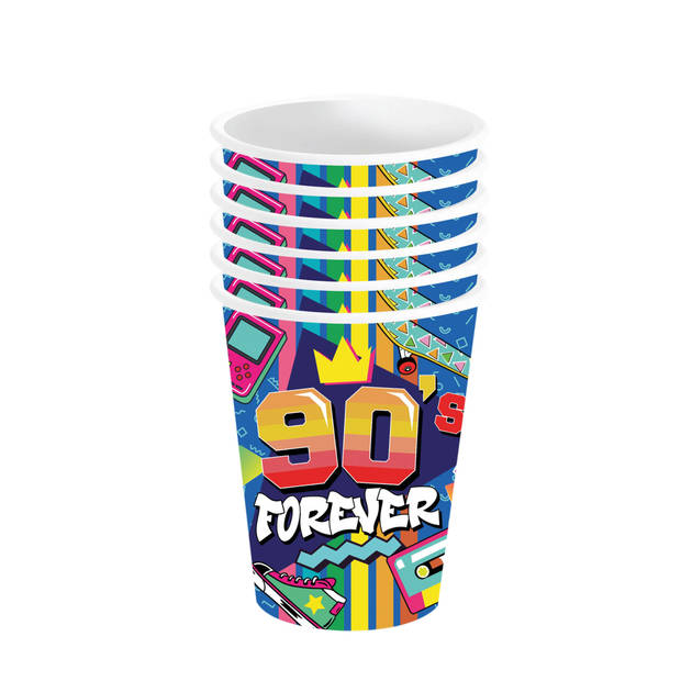 Fiestas Guirca Foute 90s party feestbekertjes - 6x - karton - 240 ml - Jaren 90 thema feestversiering - Feestbekertjes