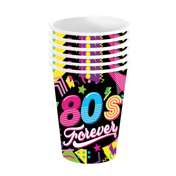 Fiestas Guirca Foute 80s party feestbekertjes - 6x - karton - 240 ml - Jaren 80 thema feestversiering - Feestbekertjes