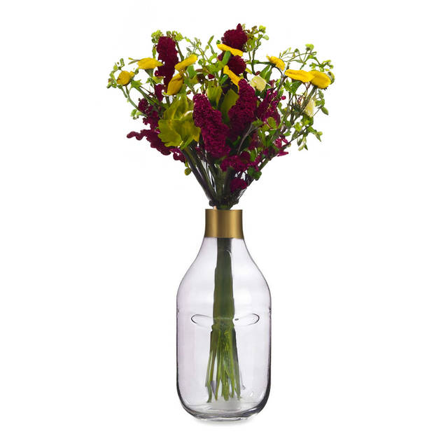 Giftdecor Bloemenvaas Crystal Face - luxe deco glas - grijs transparant - D11 x H24 cm - gouden top - Vazen